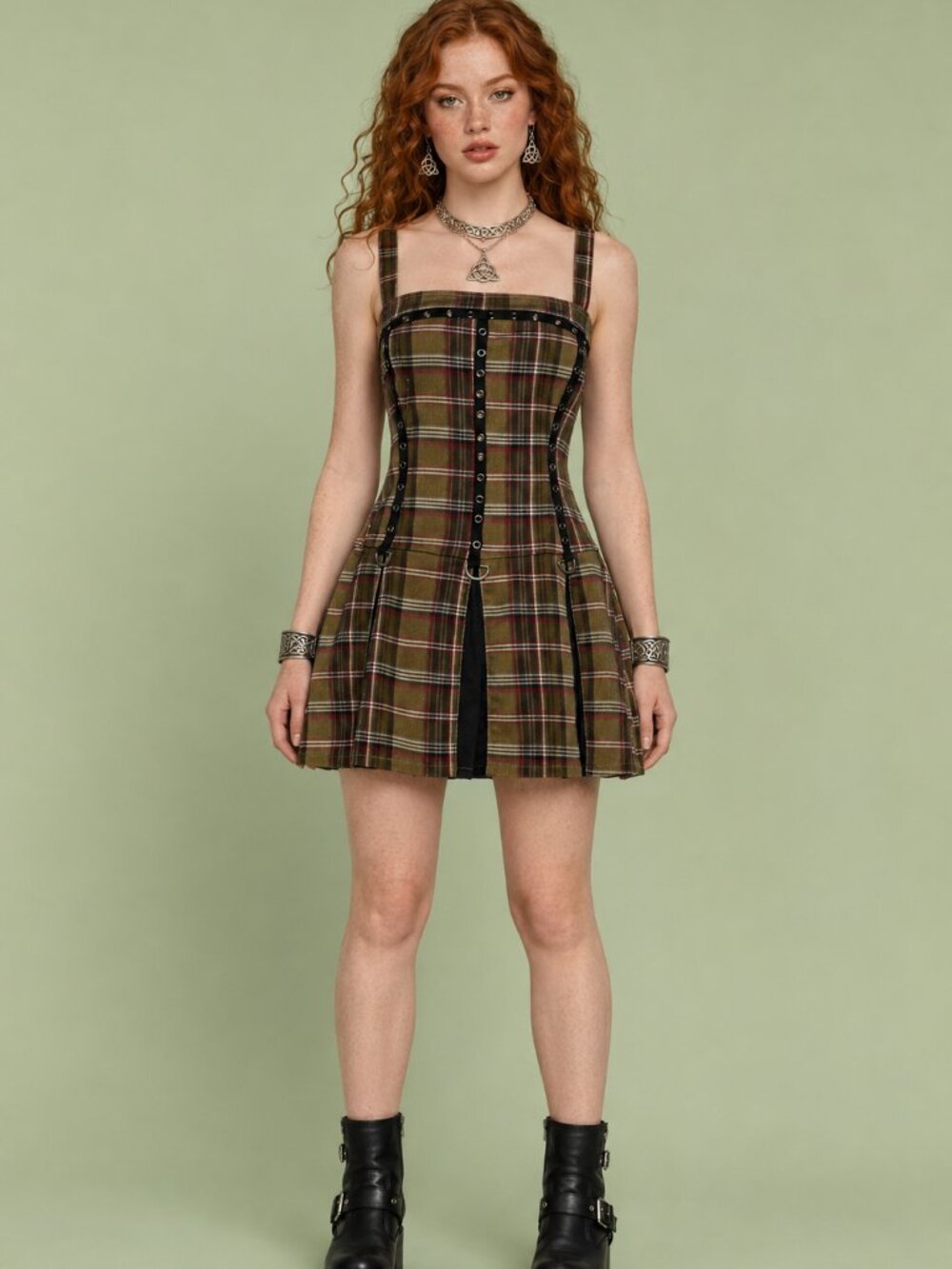 Dolls Kill Current Mood Ruling Class Plaid Twill Pleated Grommeted Mini Dress M